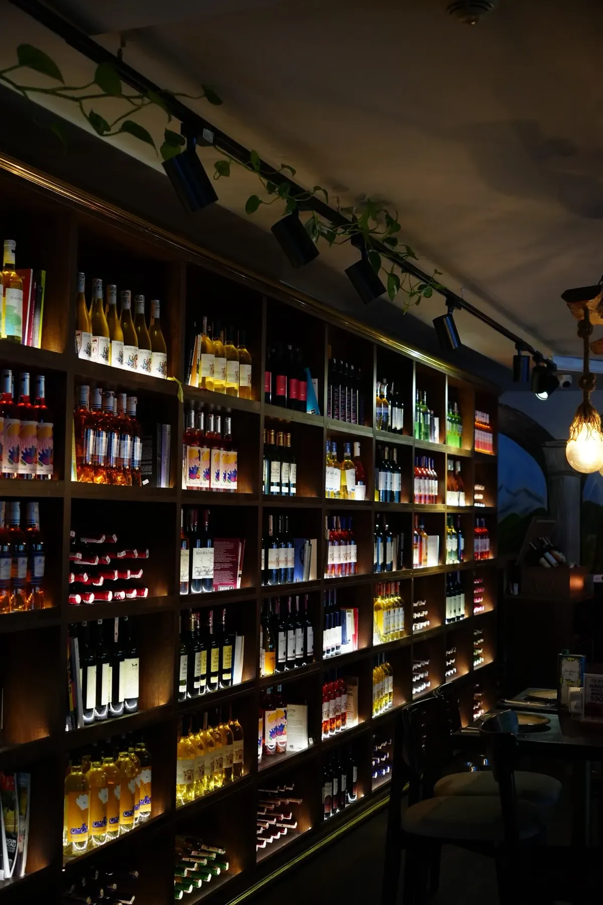 Wooden wine shelves inside Egg Bistro